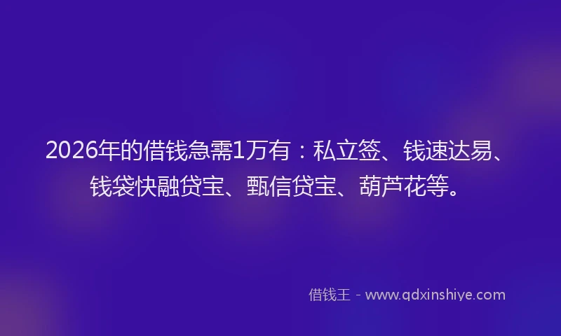 2026年的借钱急需1万有：私立签、钱速达易、钱袋快融贷宝、甄信贷宝、葫芦花等。