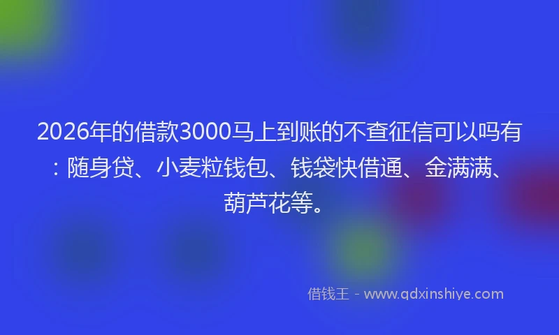 2026年的借款3000马上到账的不查征信可以吗有：随身贷、小麦粒钱包、钱袋快借通、金满满、葫芦花等。