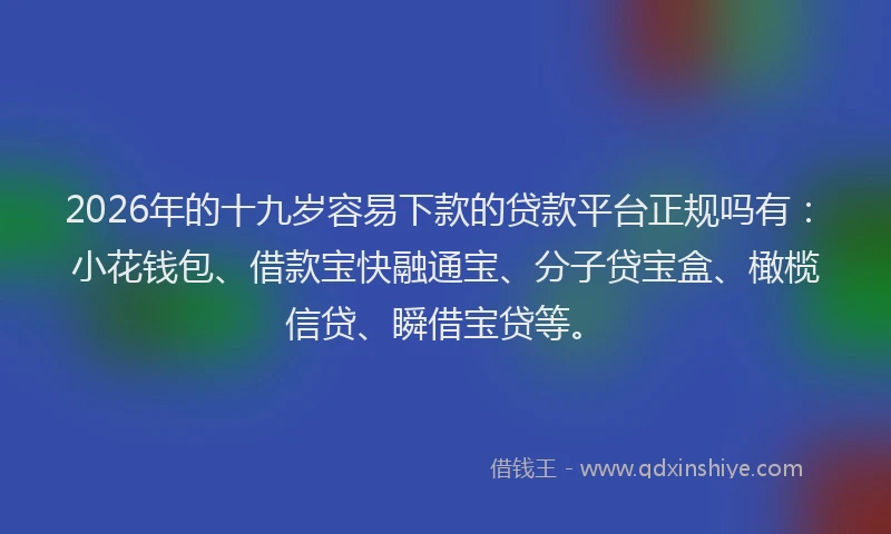 2026年的十九岁容易下款的贷款平台正规吗有：小花钱包、借款宝快融通宝、分子贷宝盒、橄榄信贷、瞬借宝贷等。
