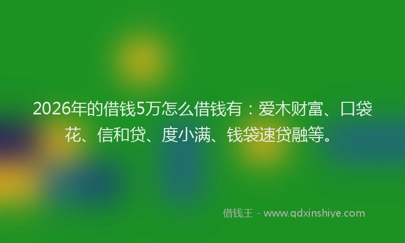 2026年的借钱5万怎么借钱有：爱木财富、口袋花、信和贷、度小满、钱袋速贷融等。