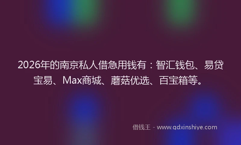 2026年的南京私人借急用钱有：智汇钱包、易贷宝易、Max商城、蘑菇优选、百宝箱等。