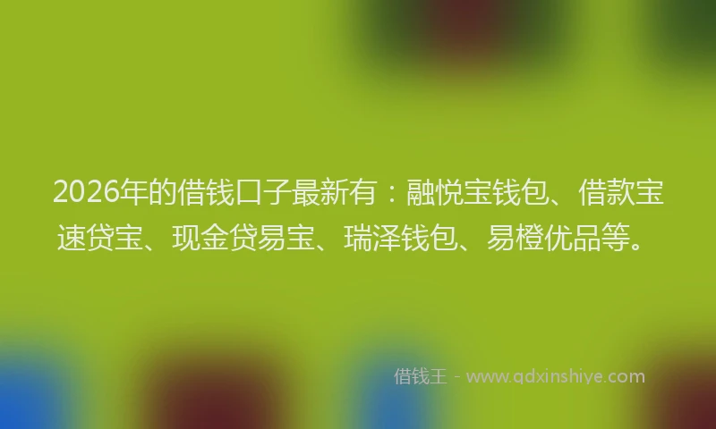 2026年的借钱口子最新有：融悦宝钱包、借款宝速贷宝、现金贷易宝、瑞泽钱包、易橙优品等。