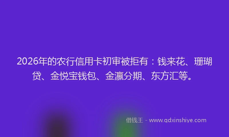 2026年的农行信用卡初审被拒有：钱来花、珊瑚贷、金悦宝钱包、金瀛分期、东方汇等。