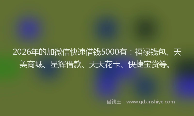 2026年的加微信快速借钱5000有：福禄钱包、天美商城、星辉借款、天天花卡、快捷宝贷等。