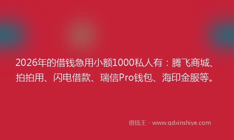 2026年的借钱急用小额1000私人有：腾飞商城、拍拍用、闪电借款、瑞信Pro钱包、海印金服等。