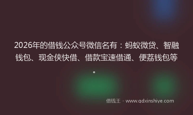 2026年的借钱公众号微信名有：蚂蚁微贷、智融钱包、现金侠快借、借款宝速借通、便荔钱包等。