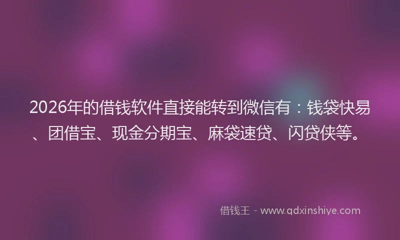 2026年的借钱软件直接能转到微信有：钱袋快易、团借宝、现金分期宝、麻袋速贷、闪贷侠等。