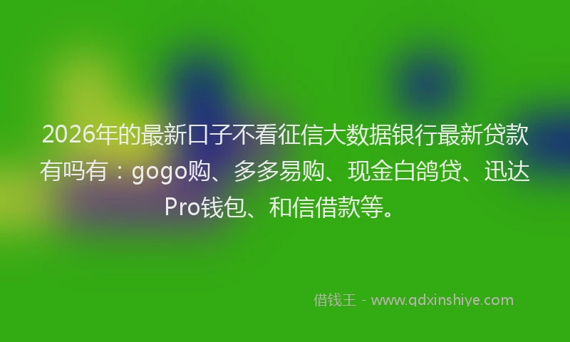 2026年的最新口子不看征信大数据银行最新贷款有吗有：gogo购、多多易购、现金白鸽贷、迅达Pro钱包、和信借款等。