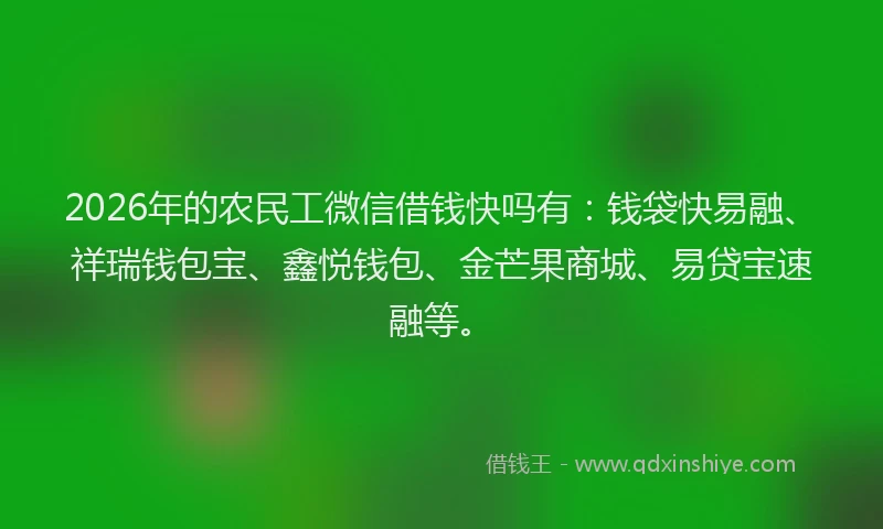 2026年的农民工微信借钱快吗有：钱袋快易融、祥瑞钱包宝、鑫悦钱包、金芒果商城、易贷宝速融等。
