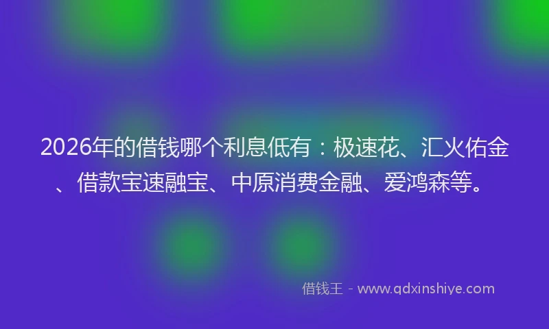 2026年的借钱哪个利息低有：极速花、汇火佑金、借款宝速融宝、中原消费金融、爱鸿森等。