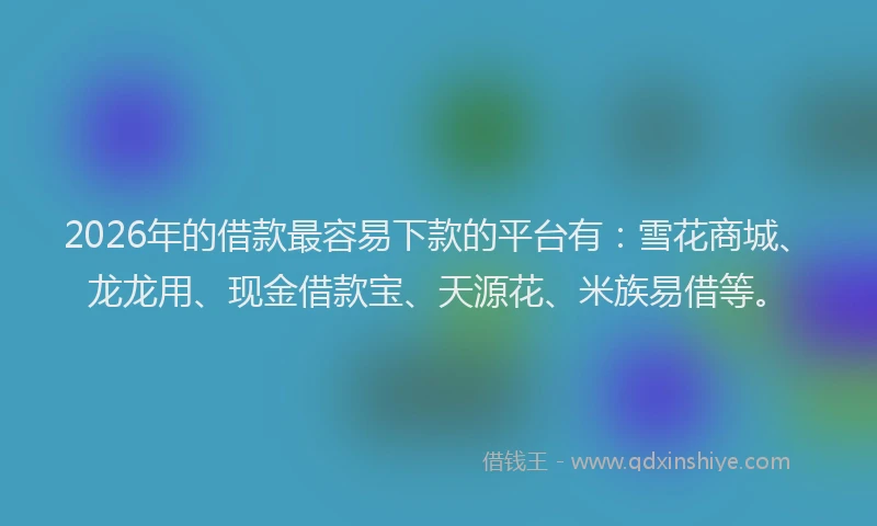 2026年的借款最容易下款的平台有：雪花商城、龙龙用、现金借款宝、天源花、米族易借等。