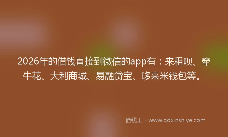 2026年的借钱直接到微信的app有：来租呗、牵牛花、大利商城、易融贷宝、哆来米钱包等。