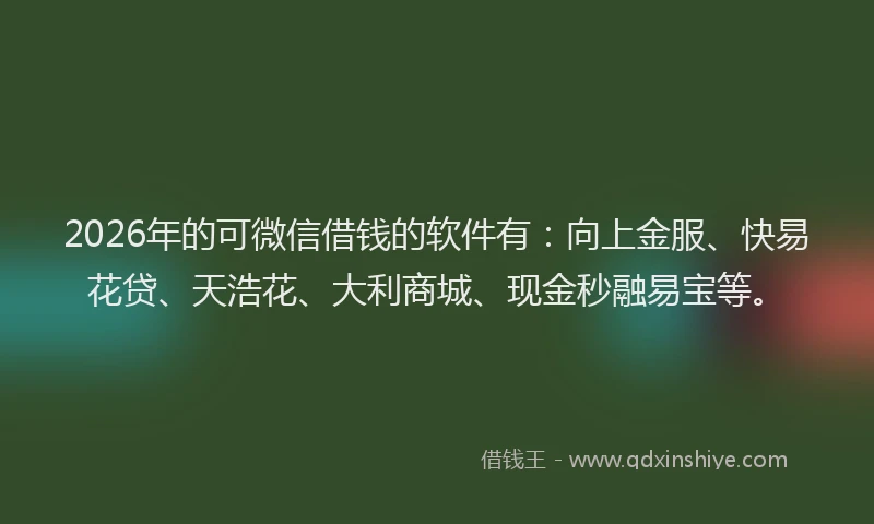 2026年的可微信借钱的软件有：向上金服、快易花贷、天浩花、大利商城、现金秒融易宝等。
