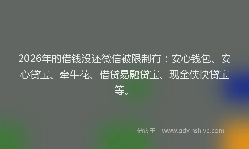 2026年的借钱没还微信被限制有：安心钱包、安心贷宝、牵牛花、借贷易融贷宝、现金侠快贷宝等。
