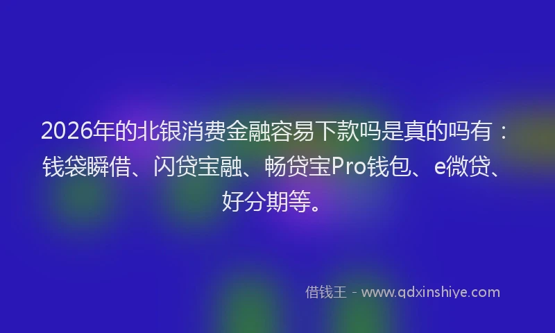 2026年的北银消费金融容易下款吗是真的吗有：钱袋瞬借、闪贷宝融、畅贷宝Pro钱包、e微贷、好分期等。
