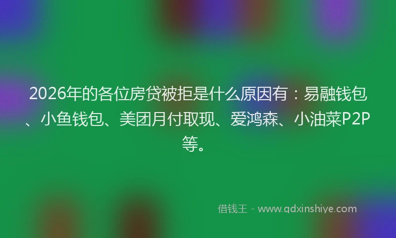 2026年的各位房贷被拒是什么原因有：易融钱包、小鱼钱包、美团月付取现、爱鸿森、小油菜P2P等。