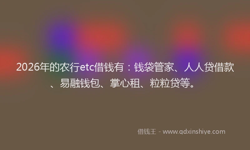2026年的农行etc借钱有：钱袋管家、人人贷借款、易融钱包、掌心租、粒粒贷等。