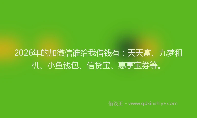 2026年的加微信谁给我借钱有：天天富、九梦租机、小鱼钱包、信贷宝、惠享宝券等。