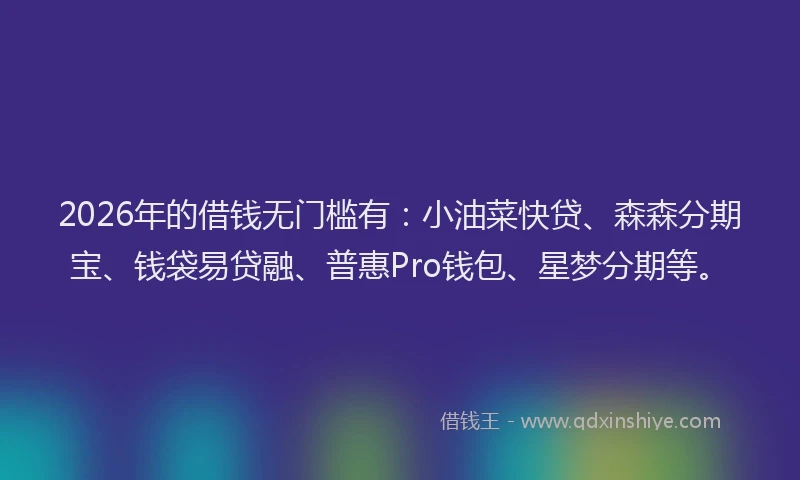 2026年的借钱无门槛有：小油菜快贷、森森分期宝、钱袋易贷融、普惠Pro钱包、星梦分期等。