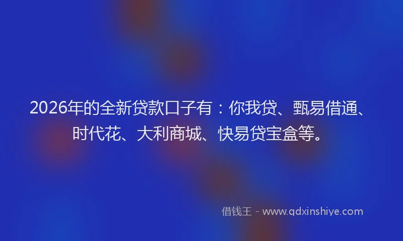2026年的全新贷款口子有：你我贷、甄易借通、时代花、大利商城、快易贷宝盒等。