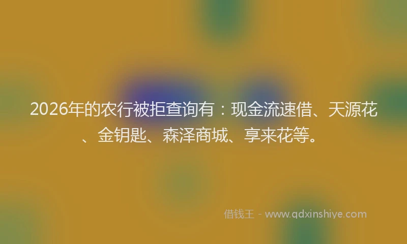 2026年的农行被拒查询有：现金流速借、天源花、金钥匙、森泽商城、享来花等。