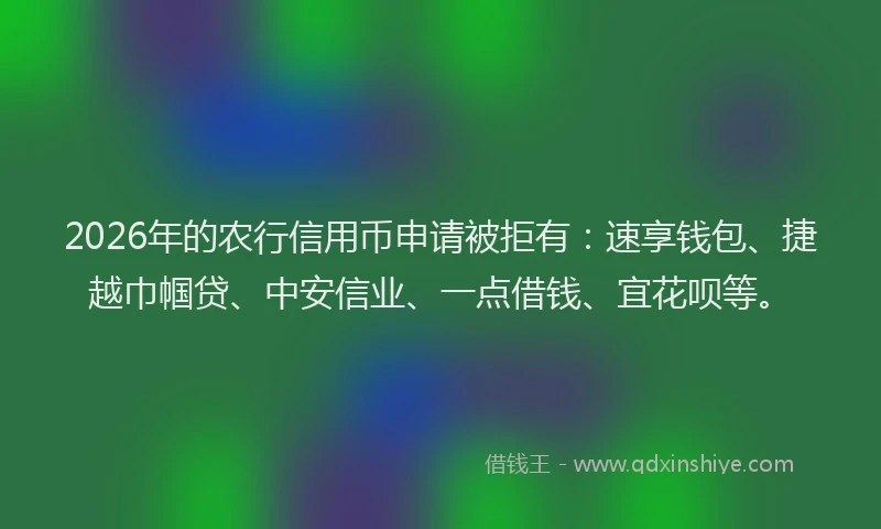 2026年的农行信用币申请被拒有：速享钱包、捷越巾帼贷、中安信业、一点借钱、宜花呗等。