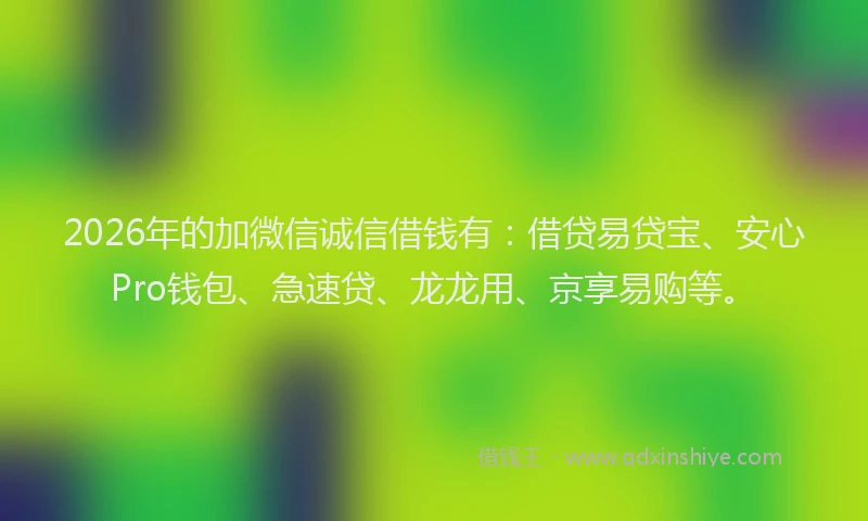 2026年的加微信诚信借钱有：借贷易贷宝、安心Pro钱包、急速贷、龙龙用、京享易购等。