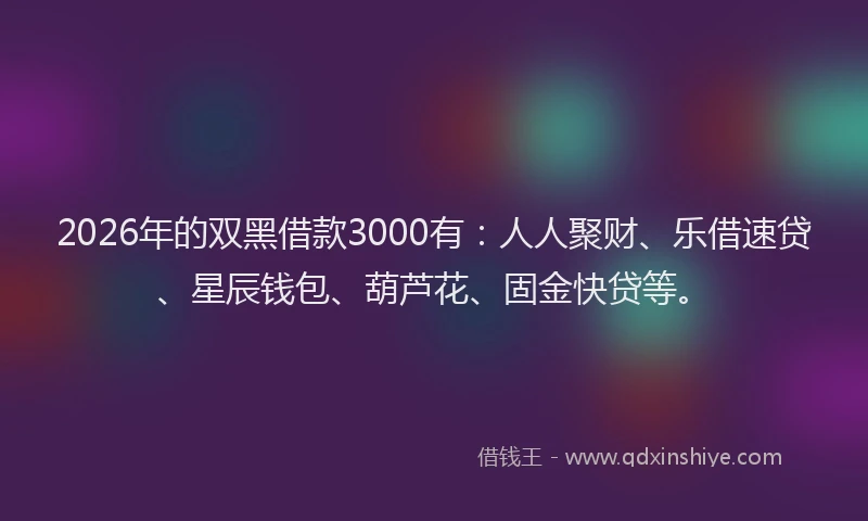 2026年的双黑借款3000有：人人聚财、乐借速贷、星辰钱包、葫芦花、固金快贷等。