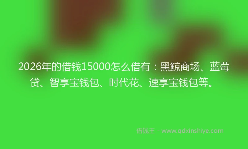 2026年的借钱15000怎么借有：黑鲸商场、蓝莓贷、智享宝钱包、时代花、速享宝钱包等。