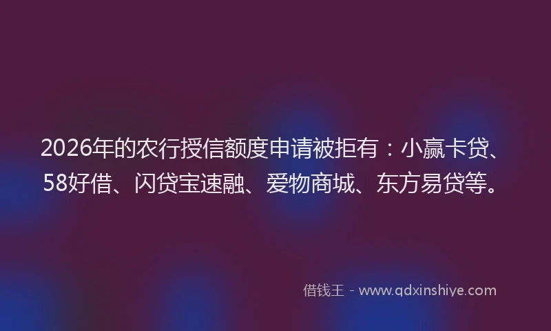2026年的农行授信额度申请被拒有：小赢卡贷、58好借、闪贷宝速融、爱物商城、东方易贷等。