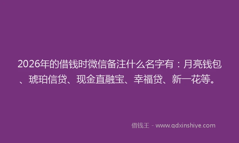 2026年的借钱时微信备注什么名字有：月亮钱包、琥珀信贷、现金直融宝、幸福贷、新一花等。