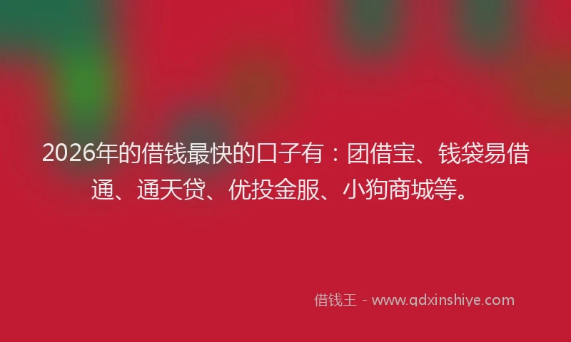 2026年的借钱最快的口子有：团借宝、钱袋易借通、通天贷、优投金服、小狗商城等。