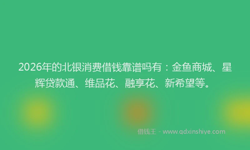 2026年的北银消费借钱靠谱吗有：金鱼商城、星辉贷款通、维品花、融享花、新希望等。