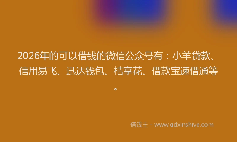 2026年的可以借钱的微信公众号有：小羊贷款、信用易飞、迅达钱包、桔享花、借款宝速借通等。