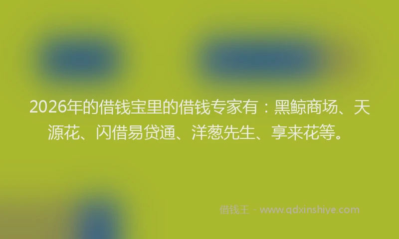 2026年的借钱宝里的借钱专家有：黑鲸商场、天源花、闪借易贷通、洋葱先生、享来花等。