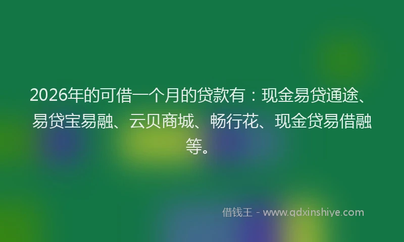 2026年的可借一个月的贷款有：现金易贷通途、易贷宝易融、云贝商城、畅行花、现金贷易借融等。
