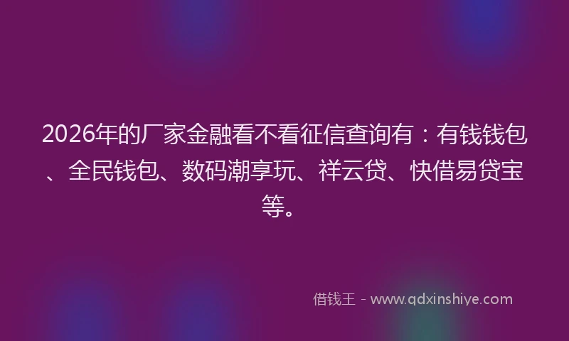 2026年的厂家金融看不看征信查询有：有钱钱包、全民钱包、数码潮享玩、祥云贷、快借易贷宝等。