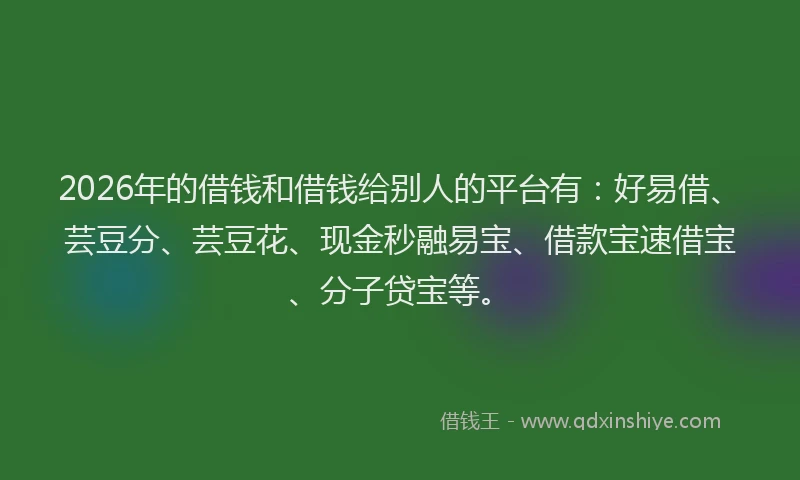 2026年的借钱和借钱给别人的平台有：好易借、芸豆分、芸豆花、现金秒融易宝、借款宝速借宝、分子贷宝等。