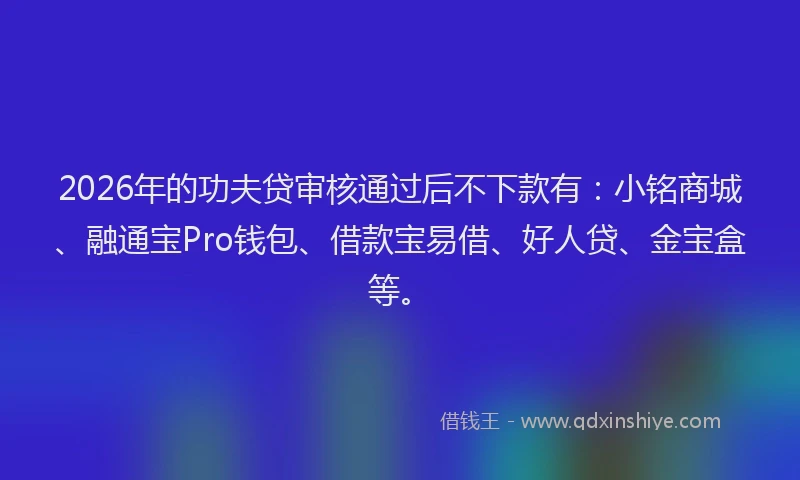 2026年的功夫贷审核通过后不下款有：小铭商城、融通宝Pro钱包、借款宝易借、好人贷、金宝盒等。