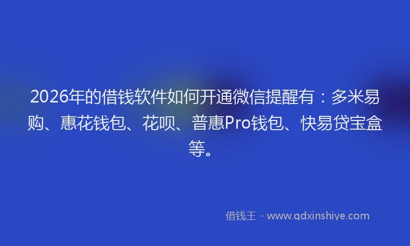 2026年的借钱软件如何开通微信提醒有：多米易购、惠花钱包、花呗、普惠Pro钱包、快易贷宝盒等。