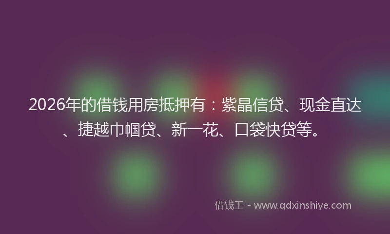 2026年的借钱用房抵押有：紫晶信贷、现金直达、捷越巾帼贷、新一花、口袋快贷等。