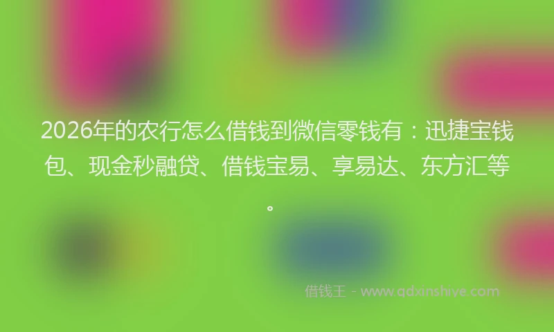 2026年的农行怎么借钱到微信零钱有：迅捷宝钱包、现金秒融贷、借钱宝易、享易达、东方汇等。