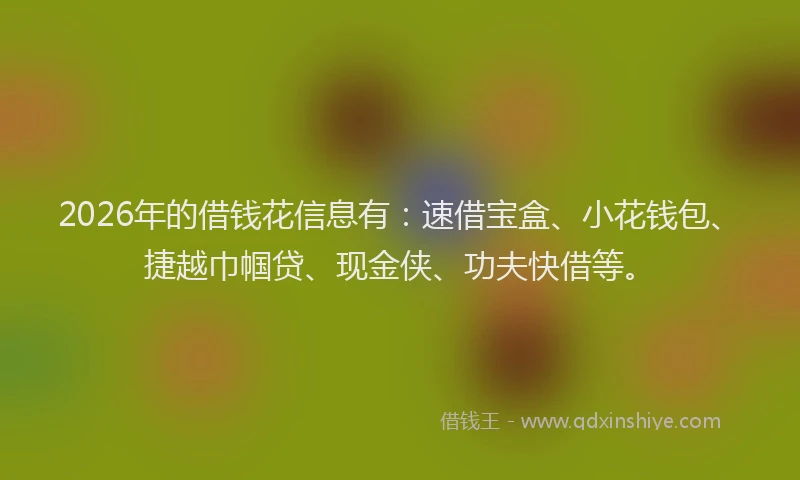 2026年的借钱花信息有：速借宝盒、小花钱包、捷越巾帼贷、现金侠、功夫快借等。