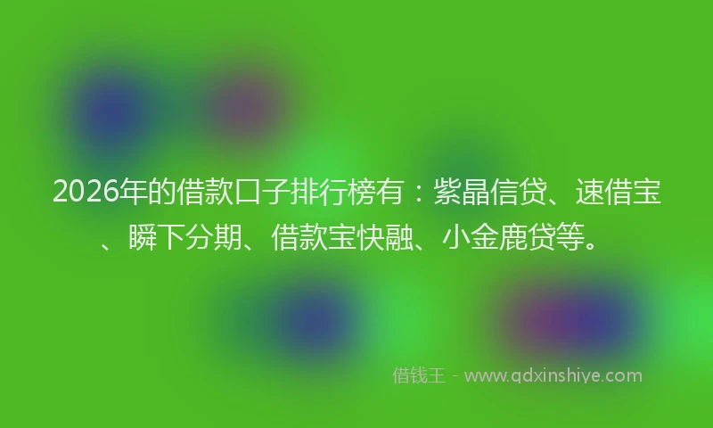 2026年的借款口子排行榜有：紫晶信贷、速借宝、瞬下分期、借款宝快融、小金鹿贷等。