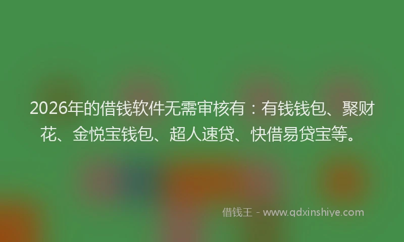2026年的借钱软件无需审核有：有钱钱包、聚财花、金悦宝钱包、超人速贷、快借易贷宝等。