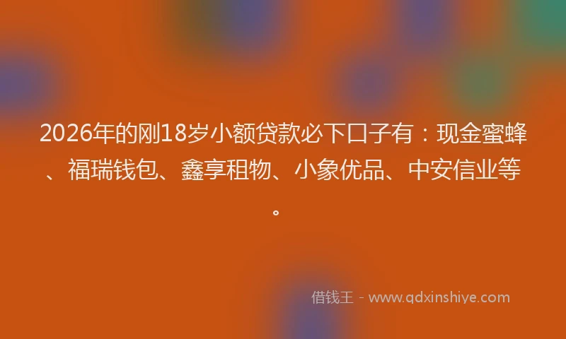 2026年的刚18岁小额贷款必下口子有：现金蜜蜂、福瑞钱包、鑫享租物、小象优品、中安信业等。