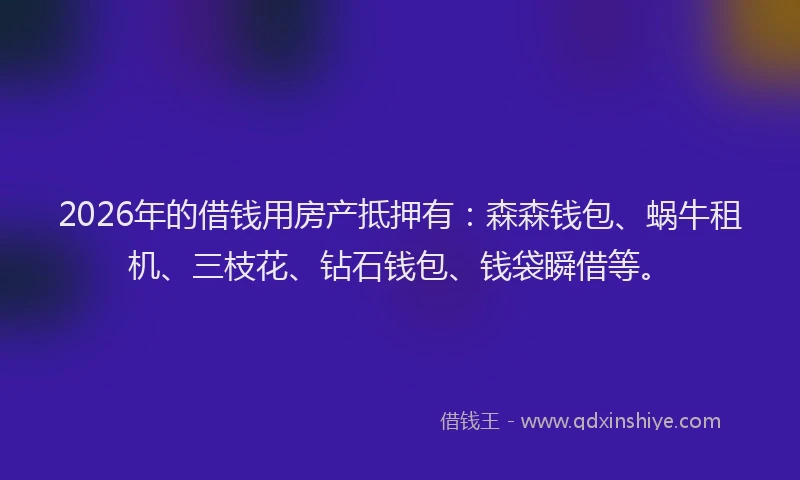 2026年的借钱用房产抵押有：森森钱包、蜗牛租机、三枝花、钻石钱包、钱袋瞬借等。