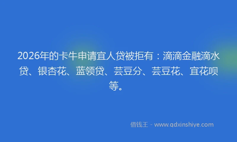 2026年的卡牛申请宜人贷被拒有：滴滴金融滴水贷、银杏花、蓝领贷、芸豆分、芸豆花、宜花呗等。
