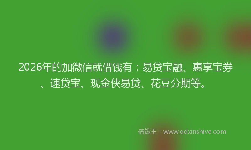 2026年的加微信就借钱有：易贷宝融、惠享宝券、速贷宝、现金侠易贷、花豆分期等。