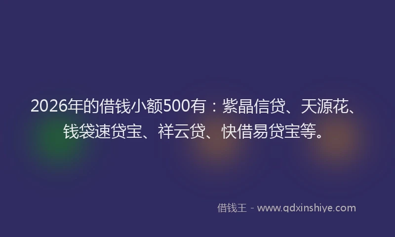 2026年的借钱小额500有：紫晶信贷、天源花、钱袋速贷宝、祥云贷、快借易贷宝等。